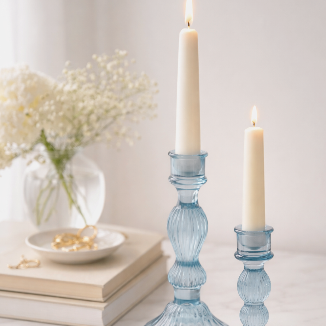 Navy Glass Taper Candle Holder (set of 2)