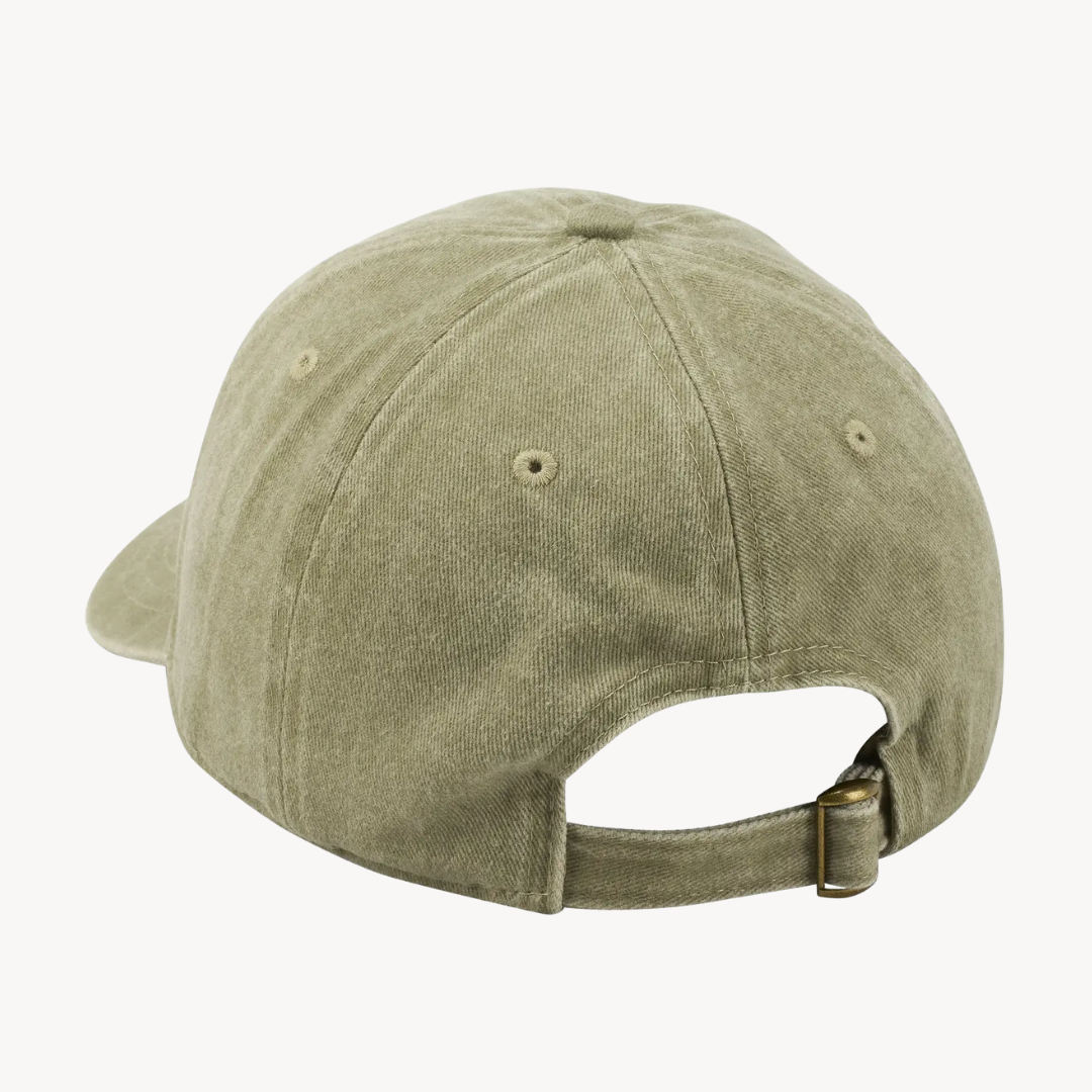 An olive green baseball cap shown from the back, featuring a curved brim and an adjustable strap with a metal buckle, set against a plain white background.