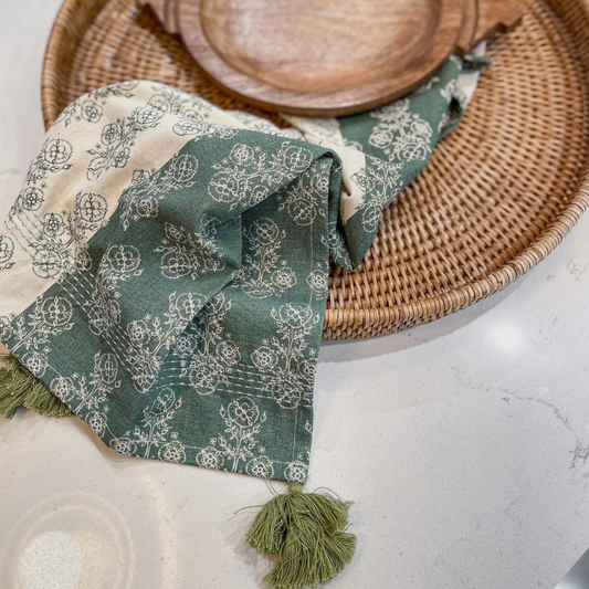 Forest Green Block Print Tea Towel