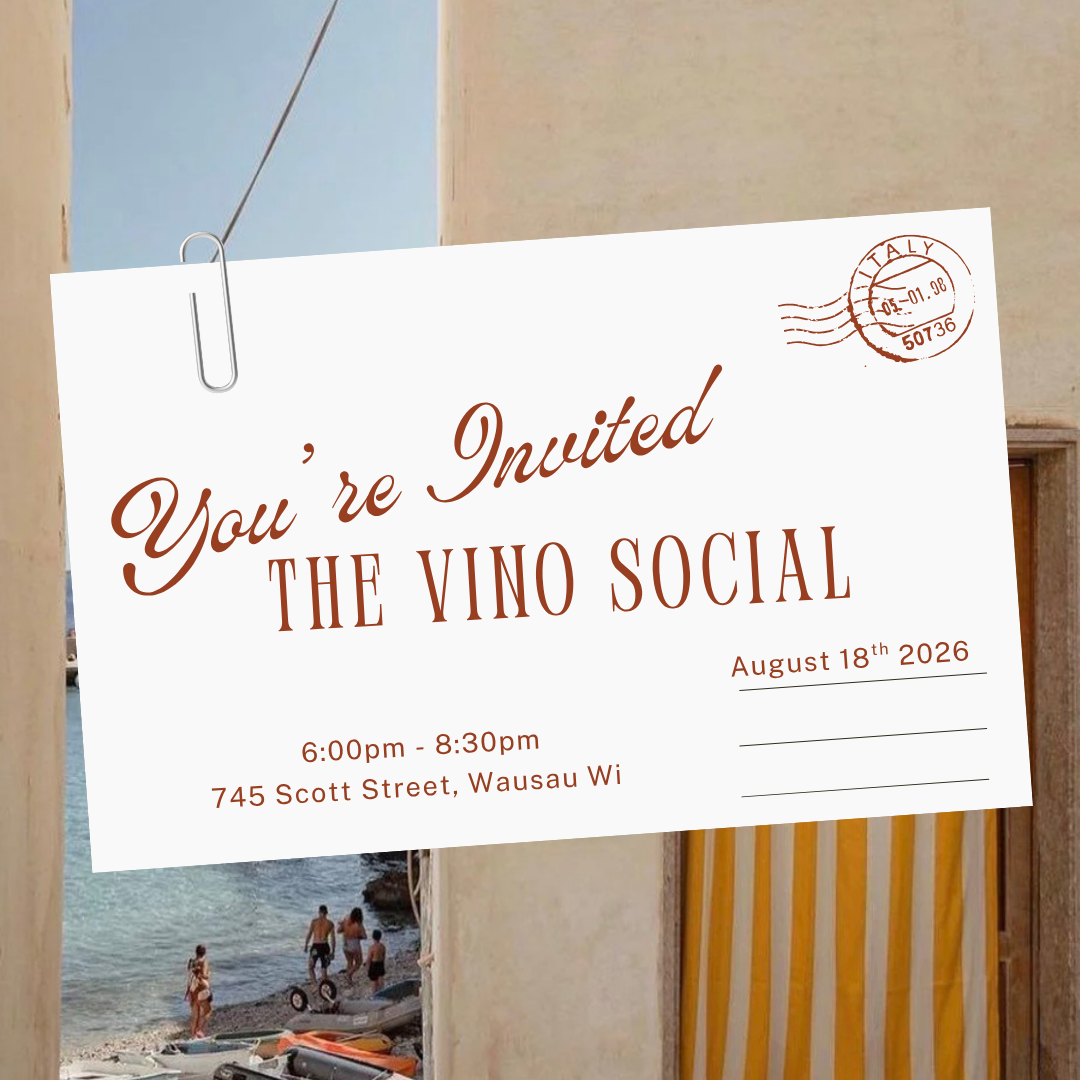 Invitation card for 'The Vino Social' with beach scene in the background