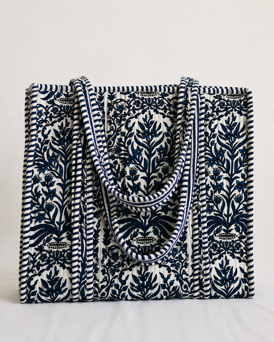 Navy and white patterned fabric on a white background