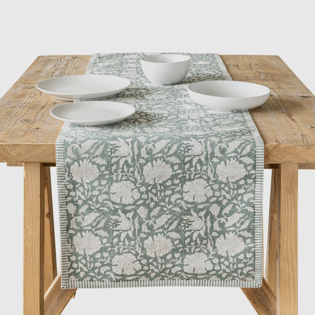 Green Floral Block Print Table Runner (18in x 108in)