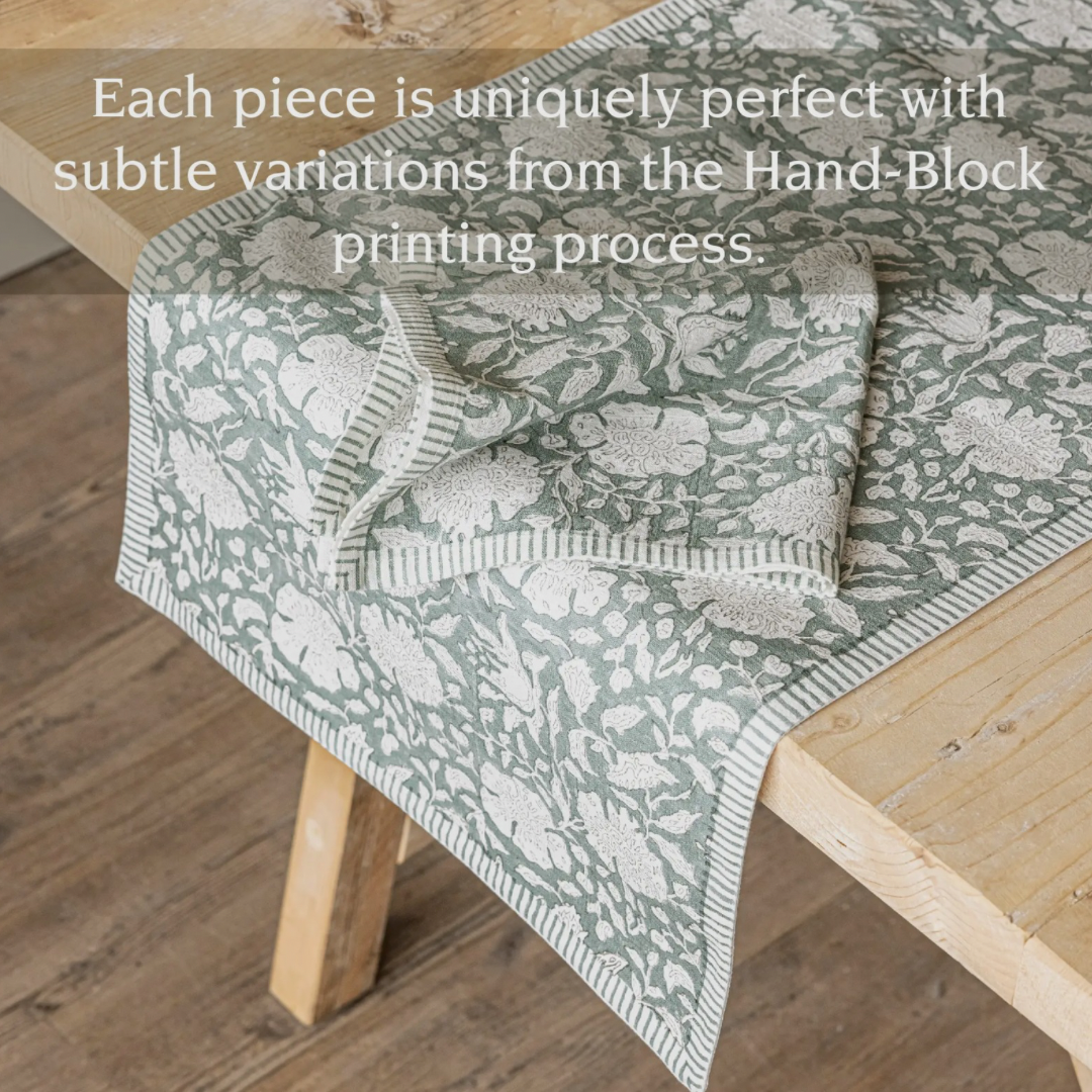 Green Floral Block Print Table Runner (18in x 108in)