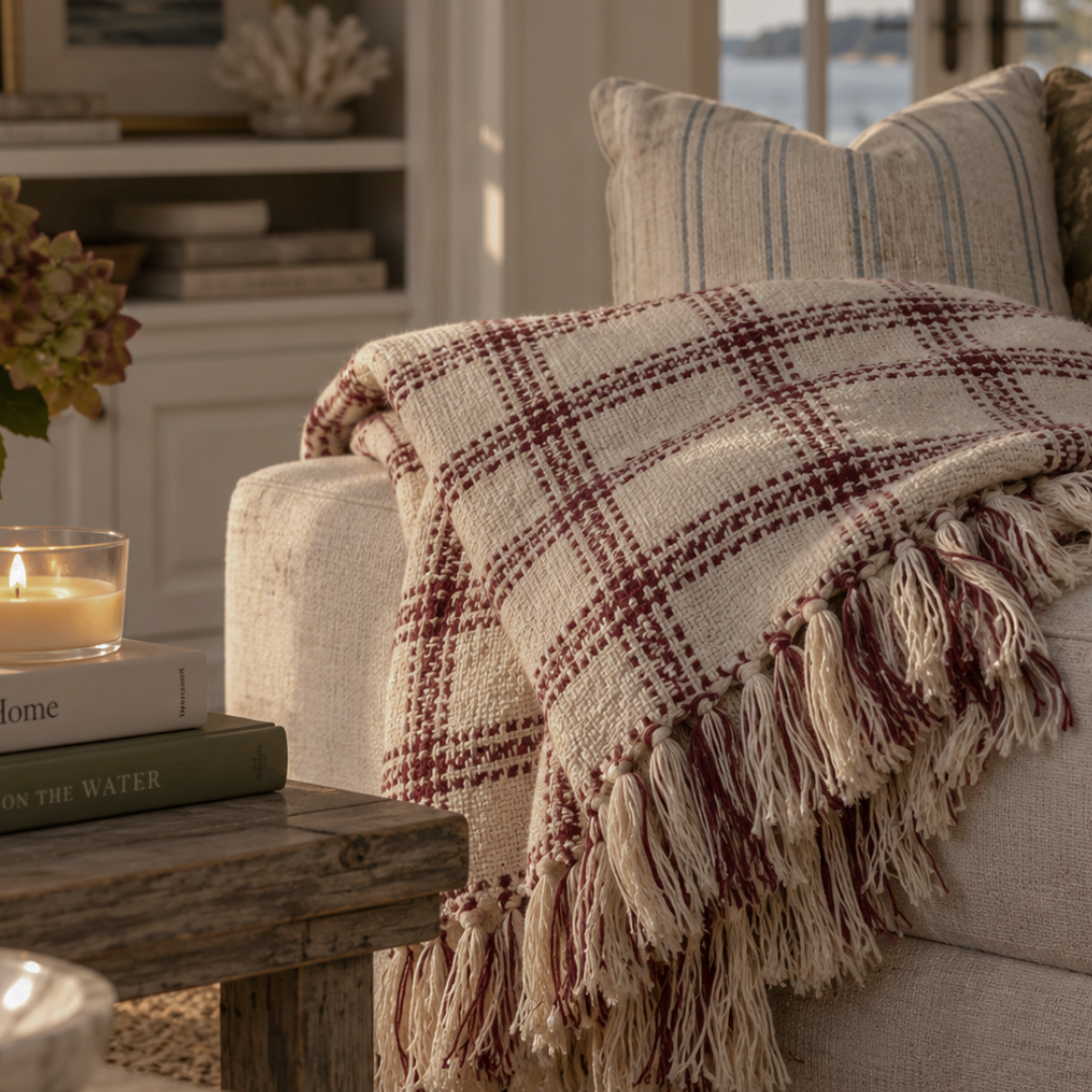 A cozy living room scene with a cream woven throw blanket draped over a light upholstered armchair. The blanket has a muted burgundy plaid pattern and tasseled fringe.