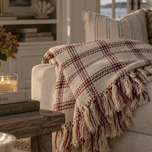 A cozy living room scene with a cream woven throw blanket draped over a light upholstered armchair. The blanket has a muted burgundy plaid pattern and tasseled fringe.